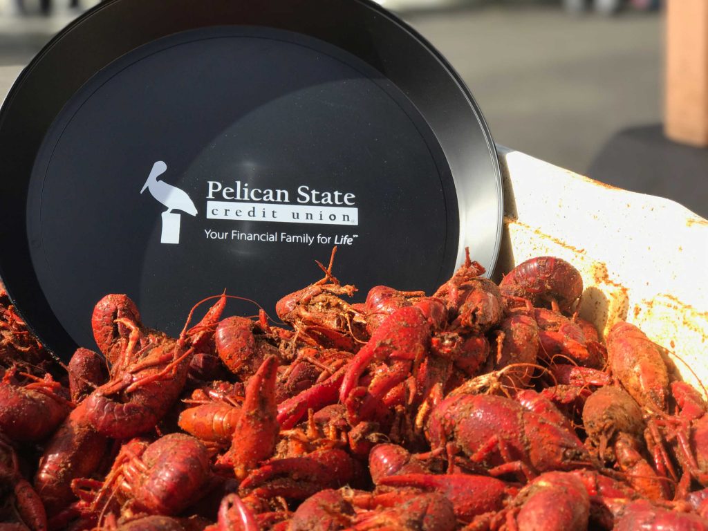 Pelican State Credit Union Tray sitting in Boiled Crawfish in Monroe