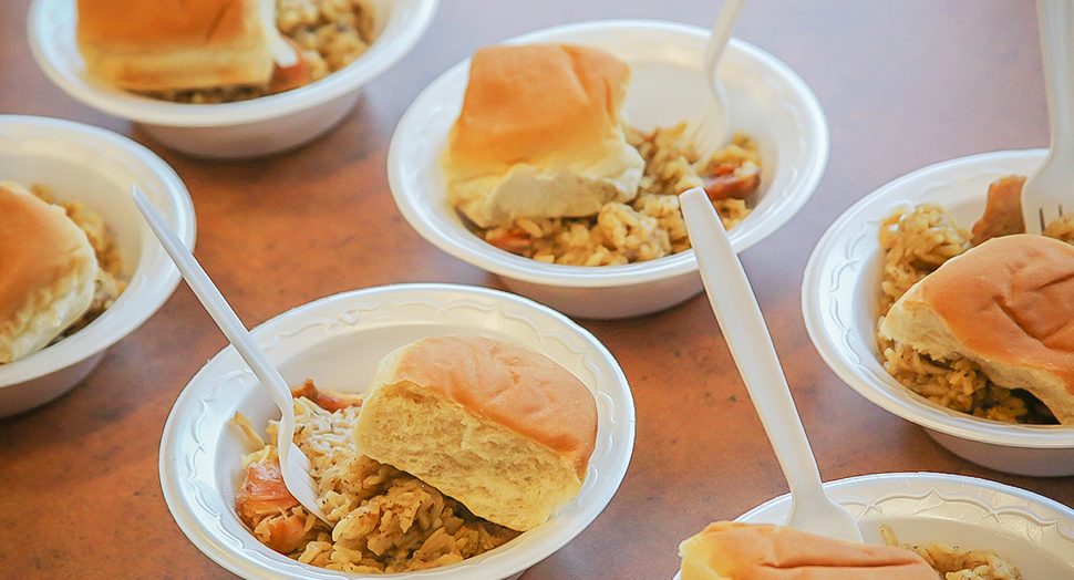 Jambalaya in bowl with roll from Jambalaya Fest in Gonzales, Louisiana