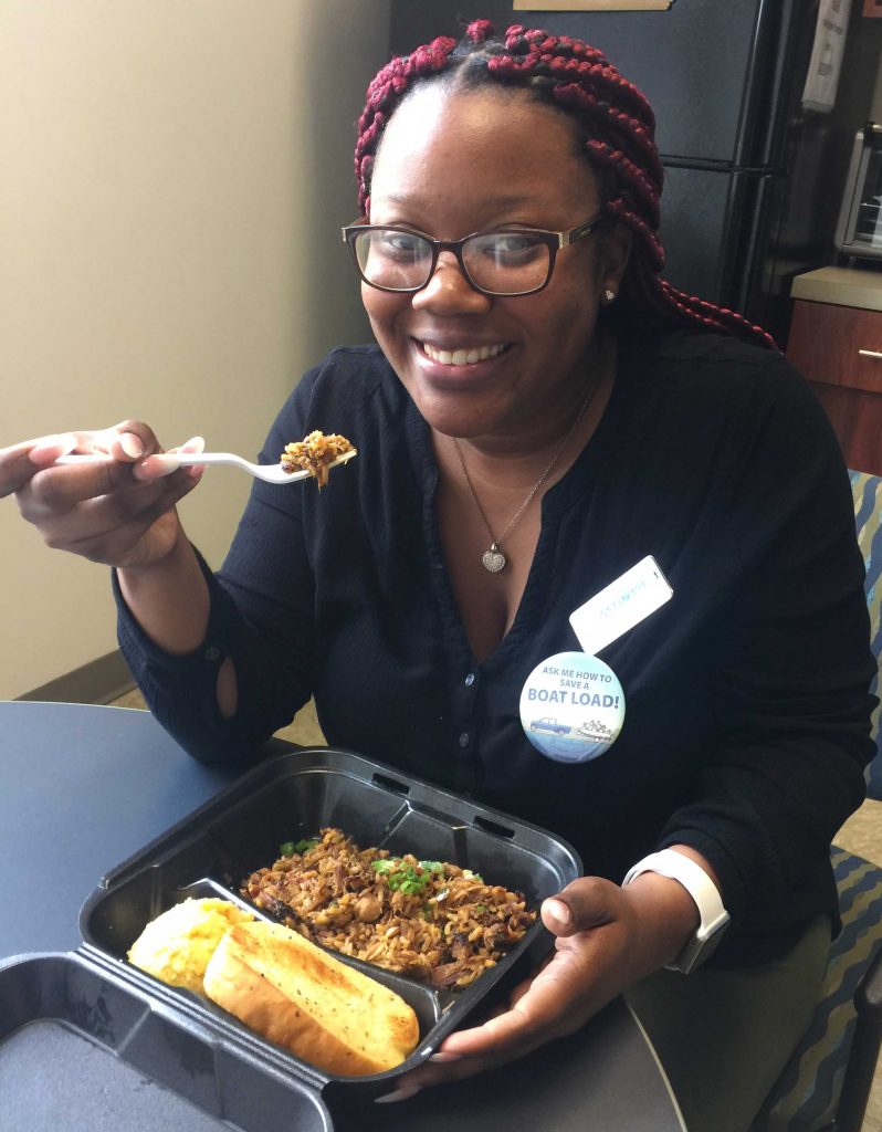 Tempest Edwards from Pelican State CU in Prairieville eating Hannah Q Smokehouse BBQ Jambalaya